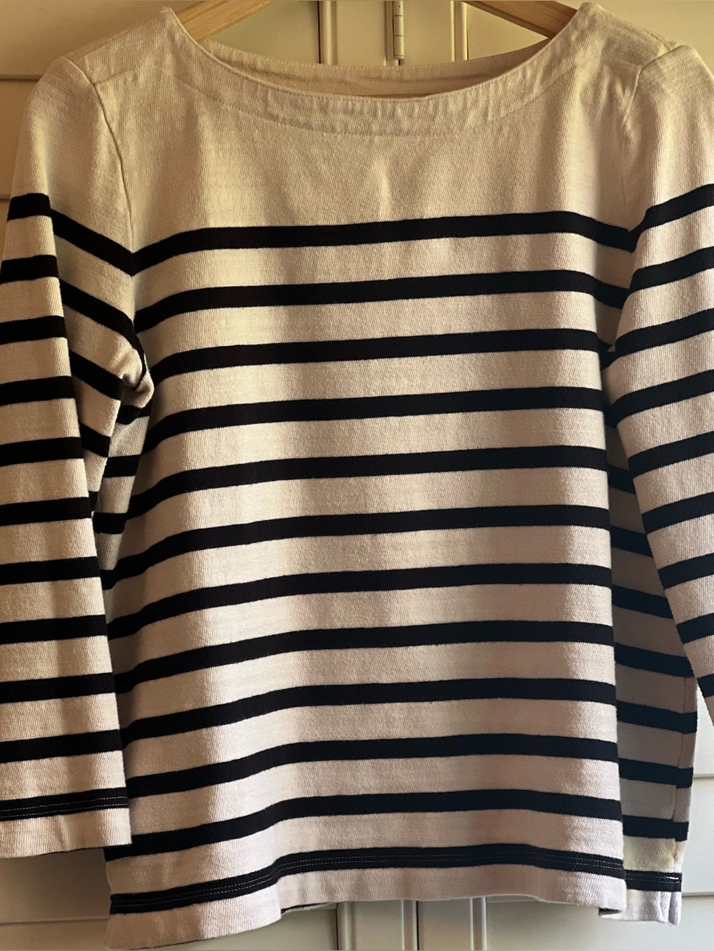 LOFT Classic French Striped Boatneck 3/4 Sleeve Knit Top Cream Black, Size L
